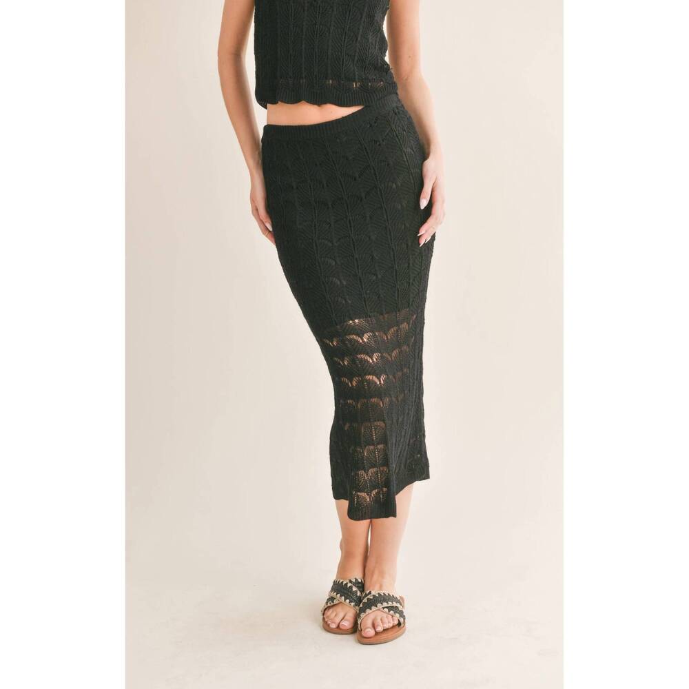 NEW SAGE THE LABEL cappuccino open knit midi skirt in black